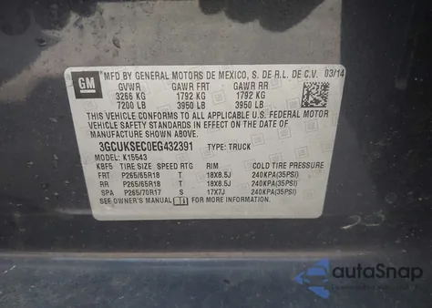 2014 Chevrolet Silverado 1500 2Lz from USA, damaged, VIN 3GCUKSEC0EG432391